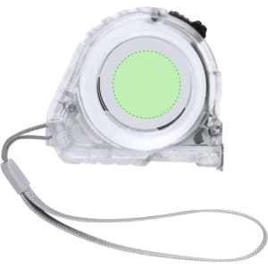 A clear tape measure with a green circular design and a wrist strap, ideal for keyrings and tools.
