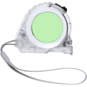 A clear tape measure with a green measuring tape, featuring a wrist strap. It includes a branding logo.