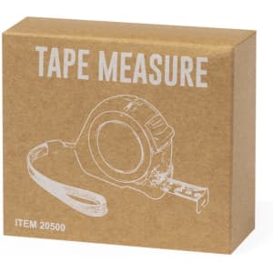 A tape measure in a cardboard box with a logo. The box features an illustration of the tape measure design.