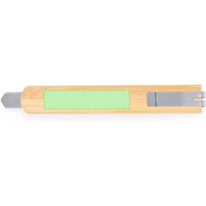A wooden tool with a silver metal tip and a green area for customisation. Features a logo.