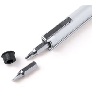 A silver multitool with interchangeable screwdriver heads and a removable cap, featuring a sleek design and shiny finish.