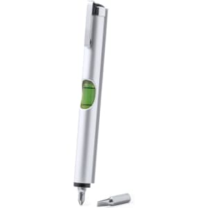 A silver multitool featuring a level, screwdriver tip, and a clip for attachment. The product has a sleek design.