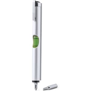 A silver multitool with a green level bubble, featuring a pen tip and a removable cap. It has a logo on the side.