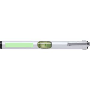 A silver multitool featuring a built-in level and a clip. The product includes a green bubble level indicator.