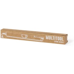 A brown cardboard box containing a multitool, featuring a minimalist design and an attached loop for keyring attachment.