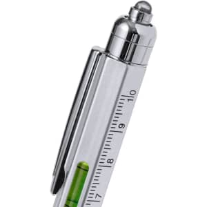 A multifunction metal pen featuring a chrome finish, ruler markings, and a level gauge. It has a logo on the side.