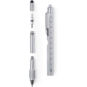 A silver multifunction pen with various detachable parts, including a ruler, stylus tip, and different pen tips.