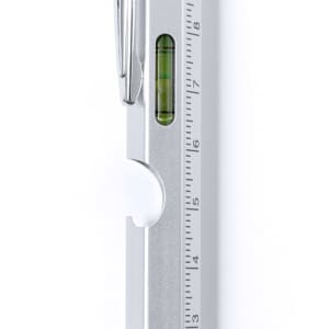 A silver multifunction pen featuring a ruler, level, and a clip. It has a branding logo on the surface.