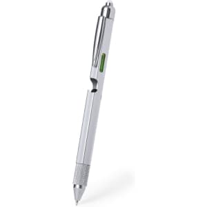 A silver multifunction pen featuring various tools, including a level, with a sleek metal design.