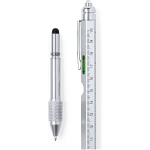 A silver multifunction pen with a ruler and a stylus tip, featuring a sleek, modern design and a branding logo.