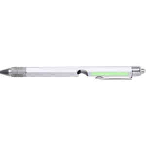 A multifunction pen in silver with a green accent and a textured grip, featuring a logo.