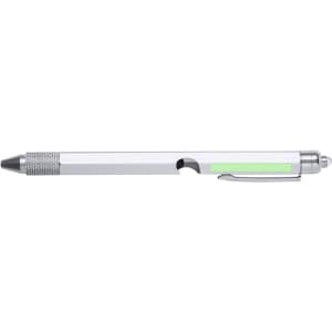 A metal multifunction pen in silver with a green section and a branded logo on the body.