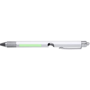 A metal pen in silver with a green highlight, featuring a textured grip and a clip for easy attachment.