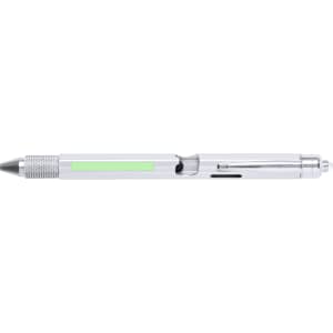 A silver multifunction pen with a green accent, featuring a textured grip and a clip for easy attachment.