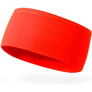 A bright red headband with a smooth, plain surface, designed for headwear. It features a branding logo.