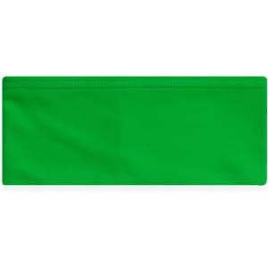 A vivid green headband with a smooth finish, featuring a simple design and a logo.