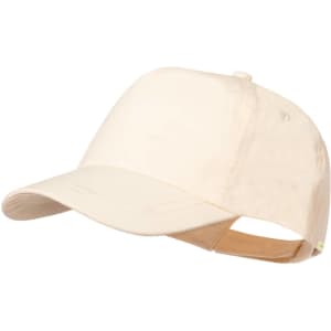 A beige cap with a curved brim and an adjustable strap at the back, featuring a logo.