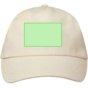 A beige cap featuring a blank green rectangle area, designed for customization. Includes a logo.