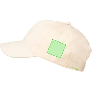 A light beige kids cap with a logo on the side and a plain green square area for customization.