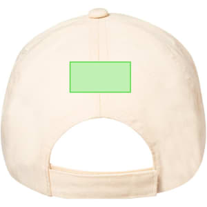 A beige kids' cap featuring an adjustable back strap and a blank section for customisation.