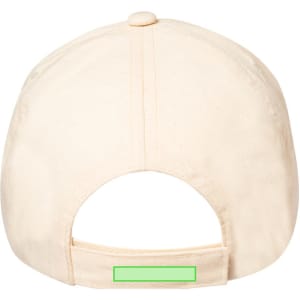A cream-coloured kids' cap with an adjustable strap and a button on the top, featuring a logo on the back.