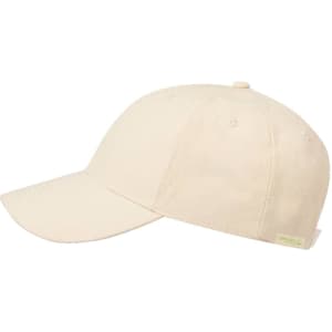 A beige kids' cap with a curved brim and a logo on the side. Suitable for headwear collection.