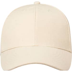 A light cream cap featuring a rounded brim and ventilation holes, with a logo on the front.