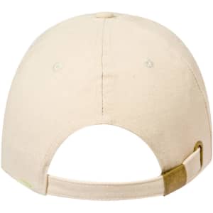 A beige cap featuring a curved brim and an adjustable strap at the back. It has a logo on the side.