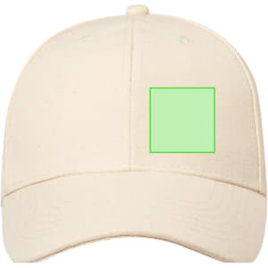 A beige kids' cap featuring a blank green square for customisation. It has a logo on the front.