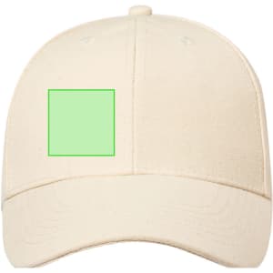 A cream-coloured kids cap featuring a blank green square area for customisation, with a logo on the front.