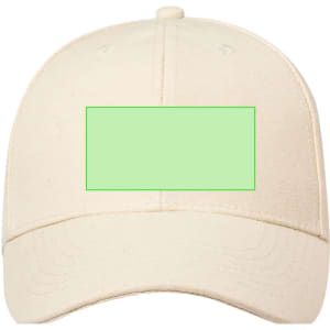 A cream-coloured cap featuring a green rectangular space, equipped with a logo or branding on the front.