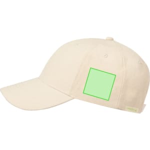 A beige cap with a curved brim and a square area for branding or customisation. It features a logo on the side.