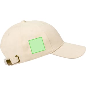 A beige cap with a strap closure and a blank green square area on the side, featuring a branding logo.
