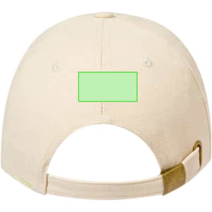 A beige kids' cap with an adjustable strap at the back and a logo. The back features a blank area.