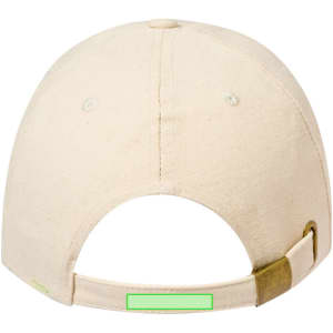 A cream-coloured cap featuring an adjustable strap at the back and a logo.