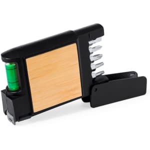 A black multitool tape measure with a wooden panel, level bubble, and assorted screwdriver bits.