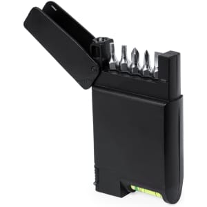 A black multitool with a capped opening revealing various screwdriver bits and a built-in level.