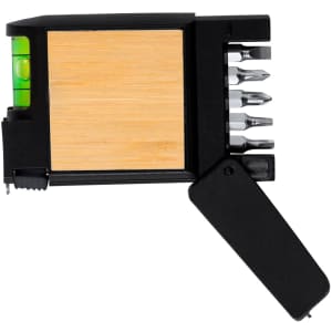 A multitool tape measure featuring a wooden panel, several screwdriver bits, and a spirit level in black and natural tones.