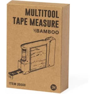A brown cardboard box containing a bamboo multitool tape measure, featuring an illustration and a logo.
