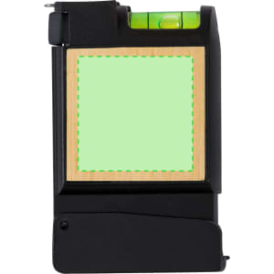 A black multitool tape measure with a wooden panel, featuring a level indicator at the top.