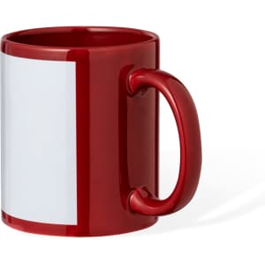 A red sublimation coffee mug with a glossy finish and a white space for custom designs.