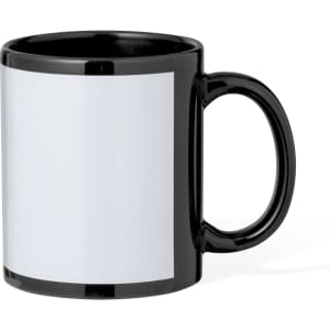 A black coffee mug with a white, blank surface for custom designs and an ergonomic handle.