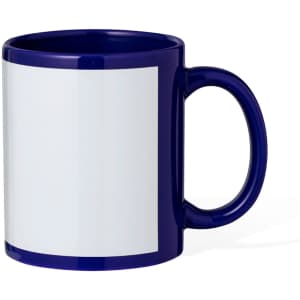 A coffee mug in navy blue with a white portion for custom designs. It features a handle and a glossy finish.