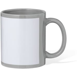 A grey coffee mug with a white area for custom designs and a handle. It features a simple, clean design.