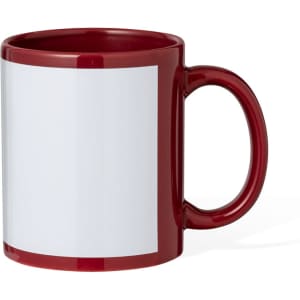 A red coffee mug with a white sublimation surface and a curved handle, featuring a branding logo.