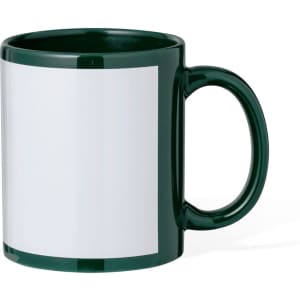 A green sublimation coffee mug with a white glossy surface for custom designs. Features a sturdy handle.