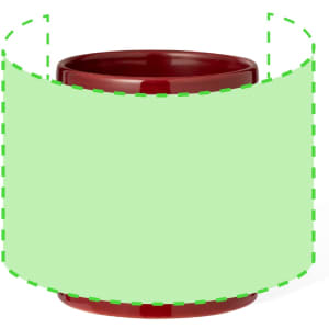 A coffee mug in a deep red colour with a plain green wraparound design. The mug has a smooth finish and a rounded shape.