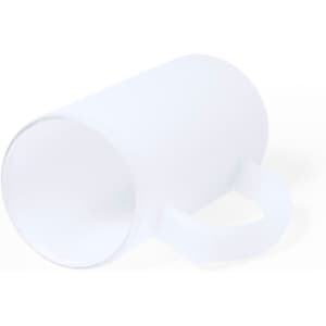 A drink bottle in a frosted white finish with a handle and a smooth cylindrical shape. It has a logo on it.