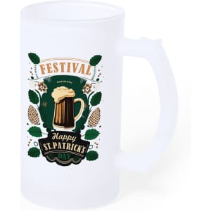 A drink jug with a frosted finish, featuring a festive St. Patrick's Day design in green and brown.