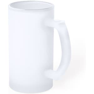 A drink bottle in a frosted white finish with a sturdy handle and a smooth interior. It features a logo.